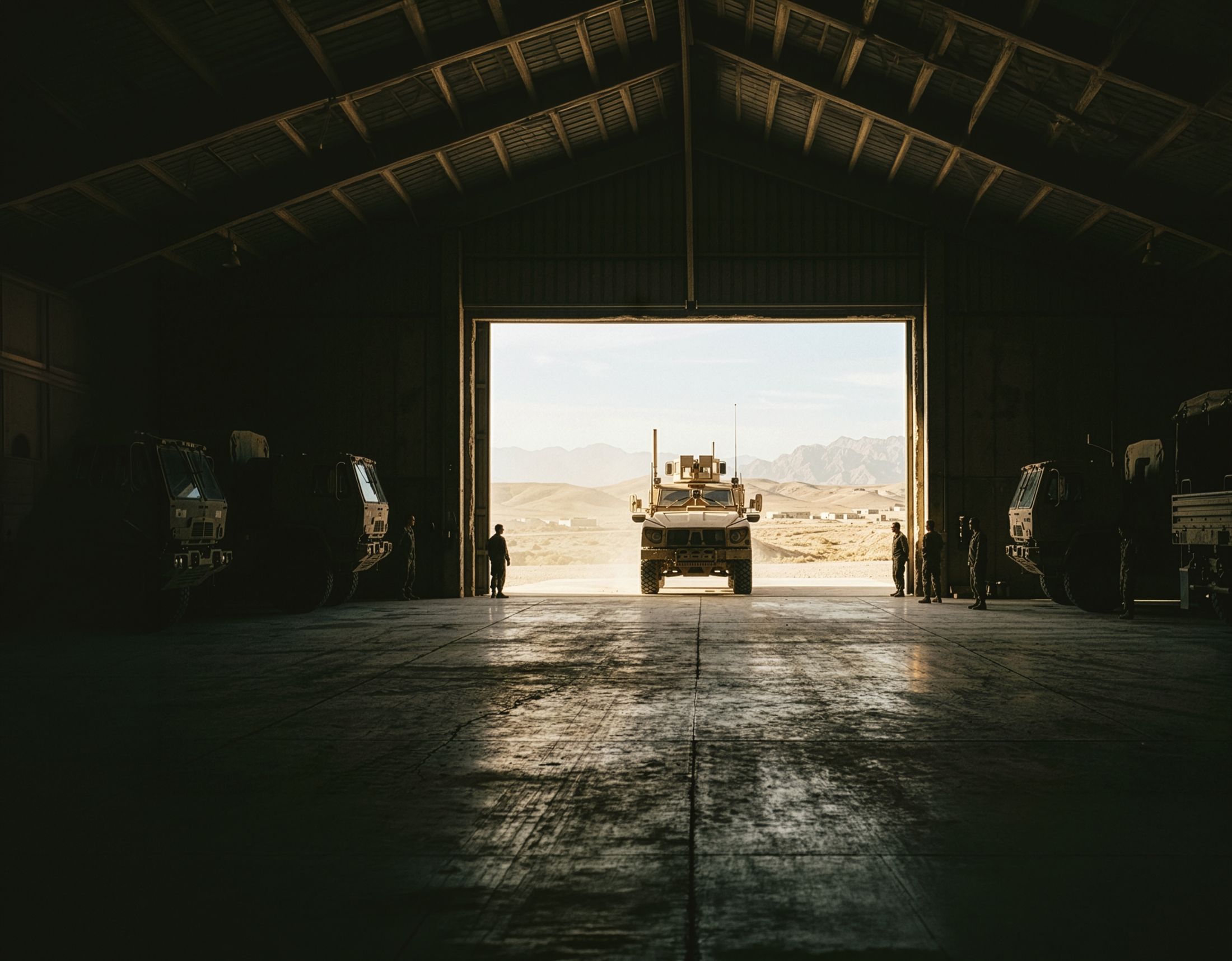 Military vehicle in hangar
